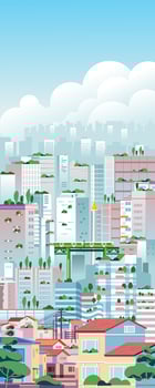 Big modern eco friendly green city landscape cityscape skyscrapers vertikal illustration with many office buildings, apartment, house and other bulding vector
