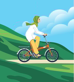 Hijab muslim woman ride by bicycle in park outdoor nature hills meadow countryside. Summer scenery landscape vector