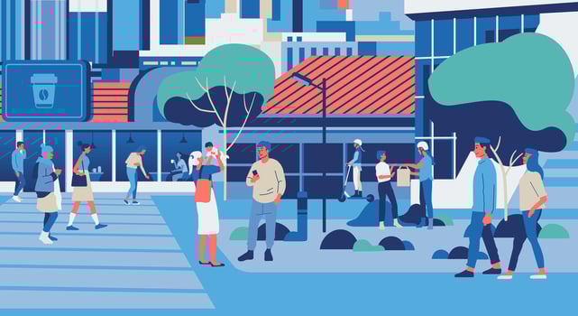 People walking along city street. Modern urban lifestyle scene with pedestrians, citizens going on sidewalks and buildings. Cityscape monochrome vector