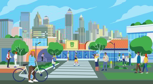 People walking along city street. Modern urban lifestyle scene with pedestrians, citizens going on sidewalks and buildings. Cityscape panorama vector