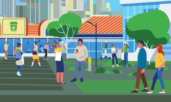 People walking along city street. Modern urban lifestyle scene with pedestrians, citizens going on sidewalks and buildings. Cityscape vector