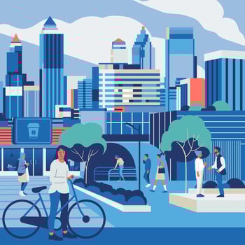 People walking along city street. Modern urban lifestyle scene with pedestrians, cyclist citizens going on sidewalks and buildings. Cityscape panorama monochrome vector