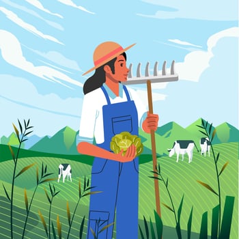 Woman farmer standing while holding a straw fork and vegetable. green meadow landscape nature with cows grazing in the hills vector