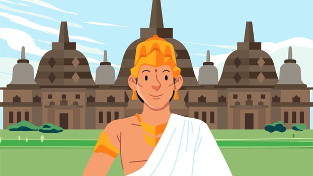 past civilizations, the Hindu kingdom, the figure of the king and the royal temple buildings of the Majapahit landscape vector