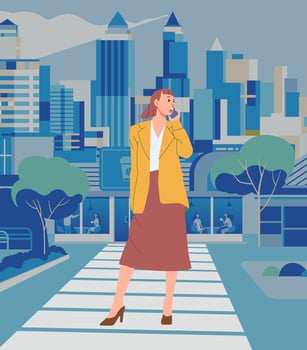 stylish woman fashionable outfit using a smartphone standing the sidewalk in the middle of the city vector