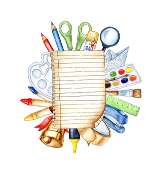 Watercolor clipart composition with a notebook sheet for text, decorated with school items and art objects, craft supplies, pens, pencils, brushes, scissors, glue, stapler, tape, bell. png