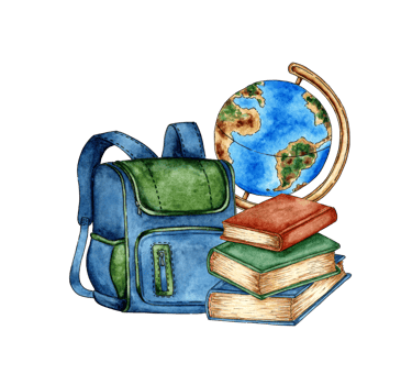 Watercolor illustration blue backpack, globe and books for students, schoolchildren, educational equipment. Back to school. Education concept isolated png