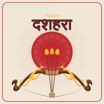Vector happy dussehra bow and arrow festival greeting background, Dussehra in Hindi calligraphy