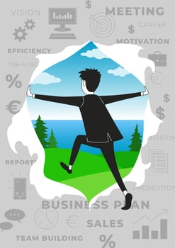 Burnt out employee or businessman escapes from the office world to simple living vector
