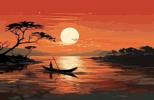 Hand drawn flat design sunset with a boat on the sea vector