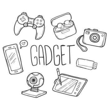 Hand drawn set of gadgets doodles with blue lettering in vector