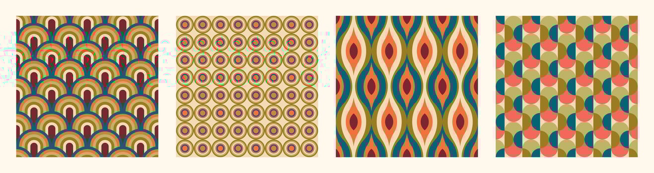 Set of Aesthetic mid century printable seamless pattern with retro design. Decorative 50s, 60s, 70s style Vintage modern background in minimalist mid century style for fabric, wallpaper or wrapping vector