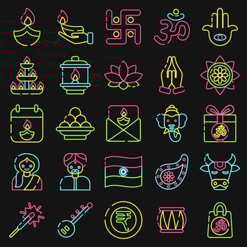 Icon set of diwali. Diwali celebration elements. Icons in neon style. Good for prints, posters, logo, decoration, infographics, etc. vector