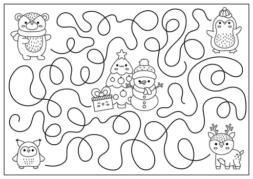Christmas black and white maze for kids. Winter line holiday preschool printable activity with cute kawaii deer, penguin, bear, tree, snowman. New Year labyrinth game, puzzle or coloring page vector