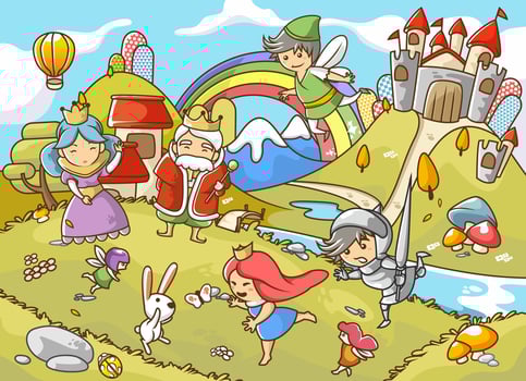 cartoon illustration of castle in fairytale with king, queen, knight, princess and fairy-vector vector