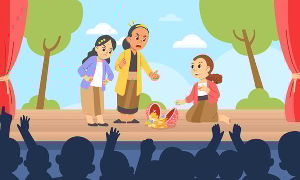 Children's girls theatrical drama performance on stage with folk tales and cheers from the audience vector