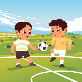 Two boys playing soccer on a field with hills and sky in the background vector