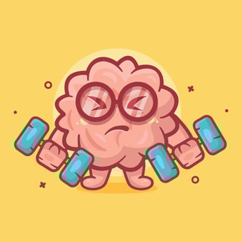 cute brain character mascot doing bodybuilding using dumbbell isolated cartoon in flat style design vector