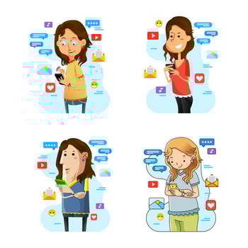 collection illustration of women carrying smartphone accesing social media with different design style vector