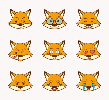 fox facial expression collection, smile, cry, surprised, angry and love with flat design style vector