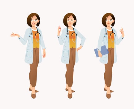 set of female doctor character wearing shite coat and stethosocope with different pose vector