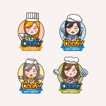 set of four mascot character women cheff with cooking tools and cheff hat vector illustration