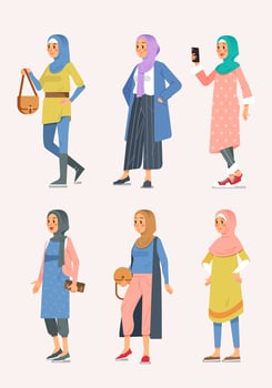 set of isometric woman hijab fashion with various style, muslim women illustration vector