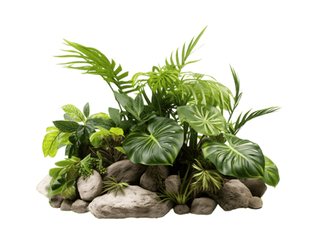 Tropical bush with decorative stones, floral arrangement in garden's natural design isolated on transparent background. PNG file, cut out. AI Generated