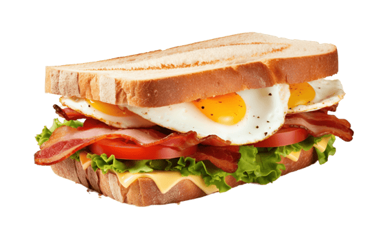 Sandwich with bacon, cheese and egg isolated on transparent background. PNG file, cut out. AI Generated