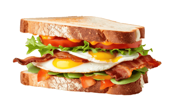 Sandwich with bacon, cheese and egg isolated on transparent background. PNG file, cut out. AI Generated