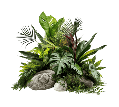 Tropical bush with decorative stones, floral arrangement in garden's natural design isolated on transparent background. PNG file, cut out. AI Generated