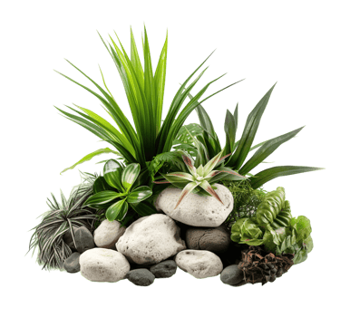 Tropical bush with decorative stones, floral arrangement in garden's natural design isolated on transparent background. PNG file, cut out. AI Generated
