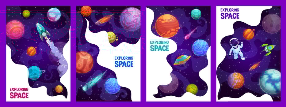 Cartoon space posters, rocket, astronaut spaceship vector
