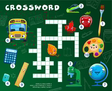 Crossword quiz game, school stationery characters vector