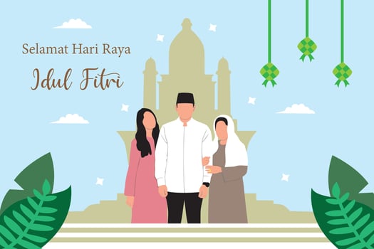 Happy Eid al-Fitr greeting card with Muslim family. Vector illustration.