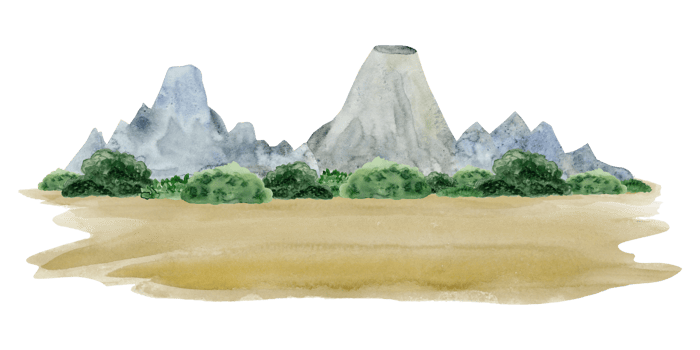 Watercolor gray mountain chain landscape illustration with forest and ground sand for dinosaur era designs and tourism png