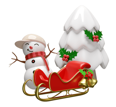 3d snowman with sleigh, pine tree,  hat, holly berry leaves, Jingle bell. merry christmas and happy new year, 3d render illustration png
