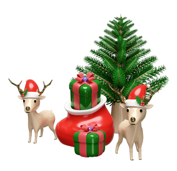 3d reindeer with pine tree, gift box, hat, bag. merry christmas and happy new year, 3d render illustration png