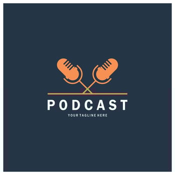podcast logo with microphone and earphone audio, radio waves. for studio, talk show, chat, information sharing, interview, multimedia and web. vector