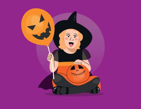 HAPPY GIRL IS WEARING HALLOWEEN WITCH COSTUME AND HOLDING AN ORANGE BALLOON vector