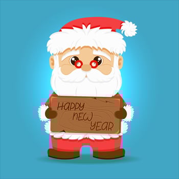 Santa Claus holding sign board, cartoon happy New Year and Merry Christmas greeting card. Funny xmas character and banner New Year congratulation. Poster or postcard, presentation, template, vector