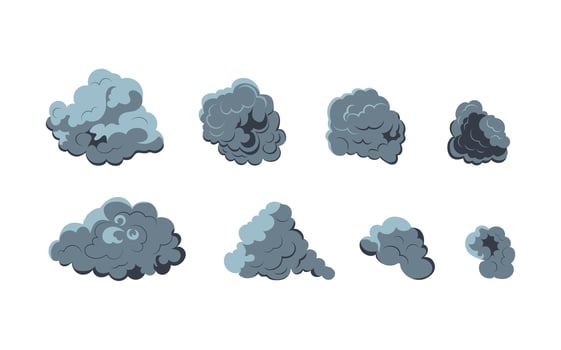 Smoke explosion animation of an explosion with comic flying clouds. Set of isolated vector illustrations to create an explosion effect. The effect of smoke movement, sparkle and dynamic boom.