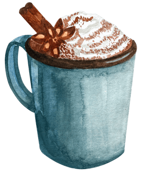 Watercolor illustration of hot chocolate with marshmallow in mug. Hand drawn winter drink . Cocoa, chocolate, cinnamon, anise. png