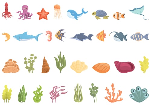 Seabed icons set cartoon vector. Wild marine vector