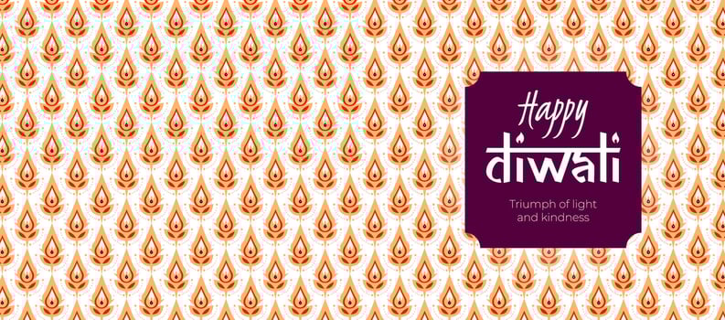 Indian holiday Happy Diwali horizontal banner. Deepavali India festival of lights print. Hindu traditional celebration background with diya oil lamps pattern. Creative art modern vector eps design
