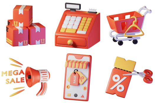 E-Commersce items. Isolated on transparant background. 3D illustration. High resolution png