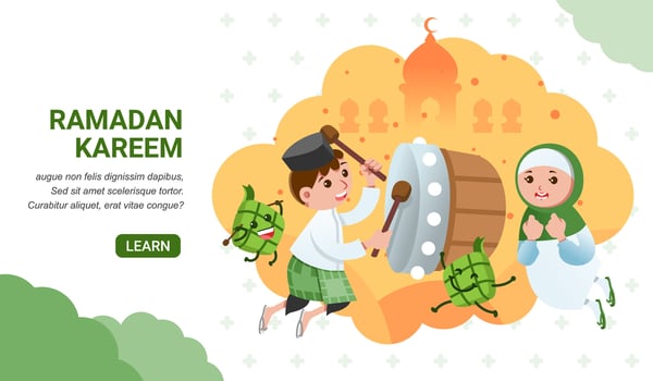 Ramadhan greeting image or landing page, the man hit the drum and women beside and mosque silhouette as background vector