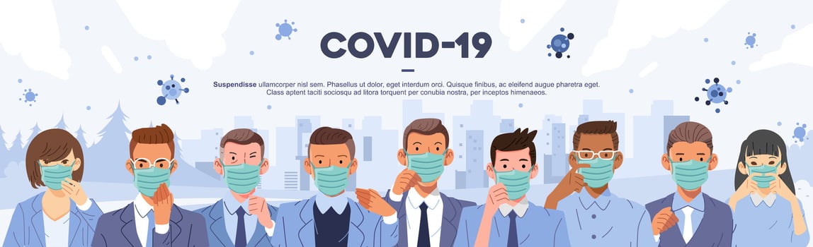 banner illustration of people awareness of covid-19 spreading with wearing mask when seeing other people vector