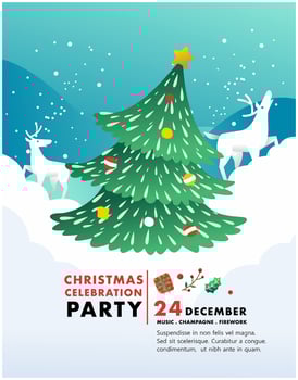 christmas celebration party invitation with christmas tree, gift and snow illustration vector
