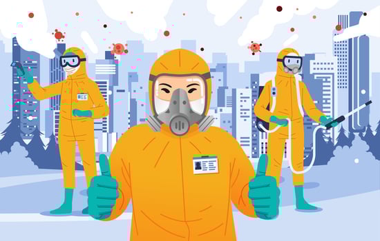 disinfectant officer wearing yellow hazmat suit thumbs up, spraying disinfectant and doing body temperature check with city as background vector